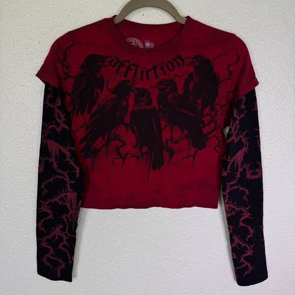 Affliction Shirt Womens Medium 2fer Crows Crop Long Sleeve Tee Grunge Punk Y2K M - Picture 1 of 12